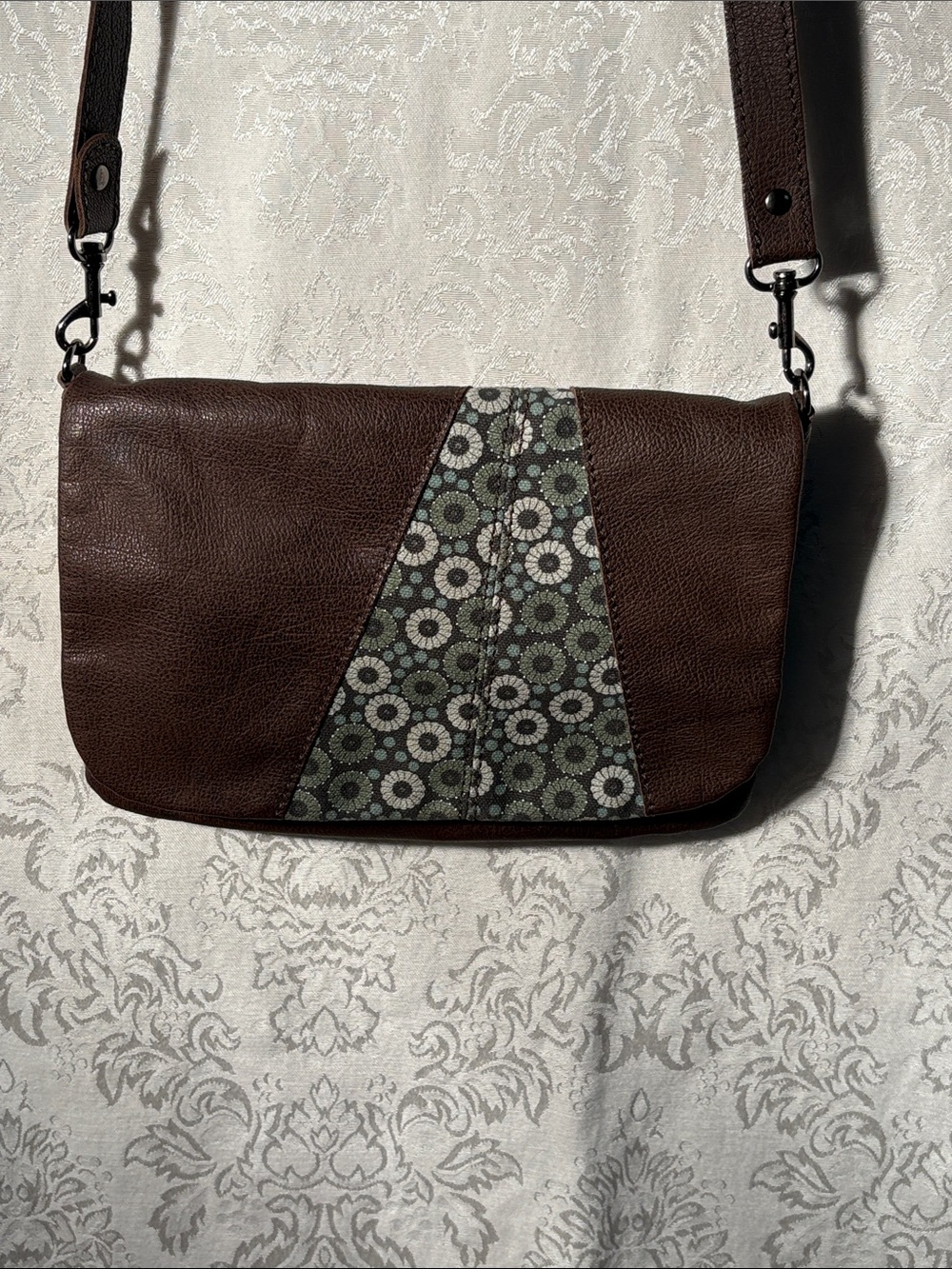 Brown Leather Crossbody with Floral Accent Panel